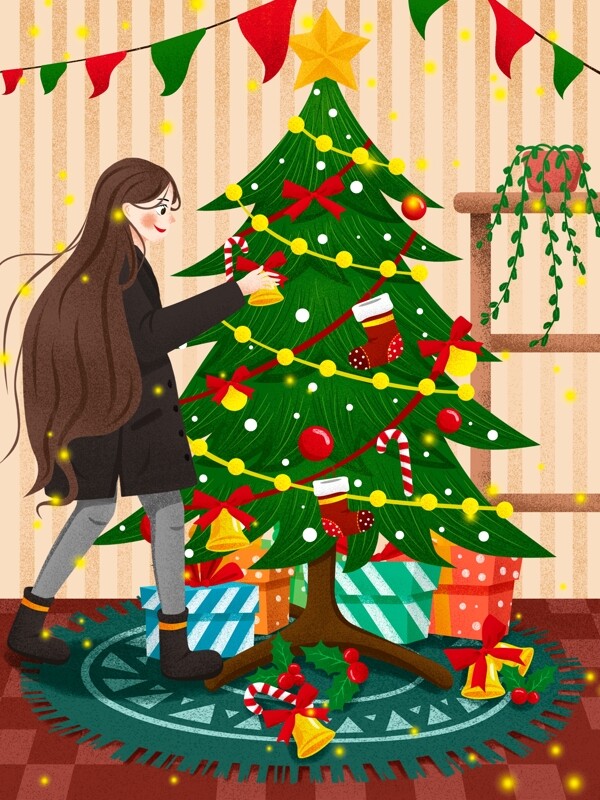 西方节日圣诞节女孩装饰圣诞树插画