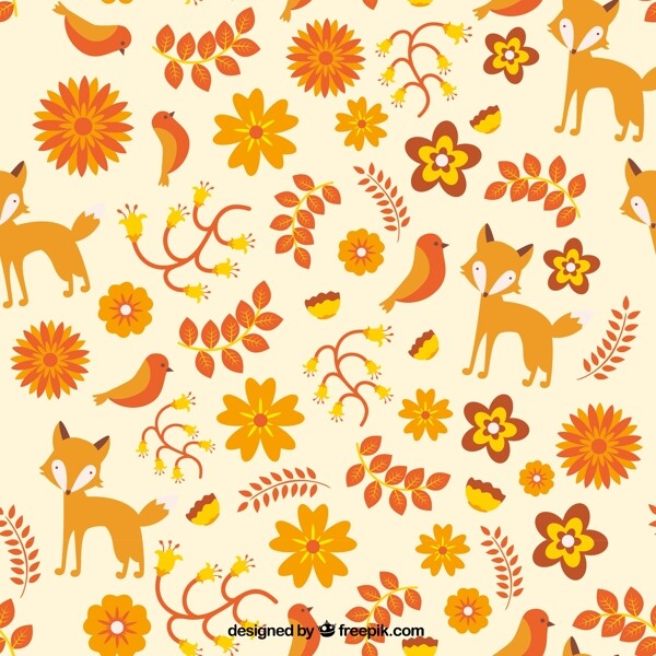 彩色狐狸和树叶无缝背景图片