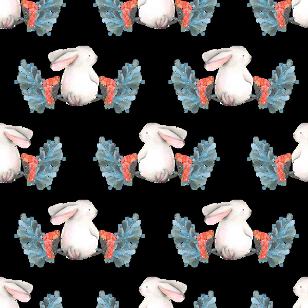 手绘花草中的小白兔png无缝背景