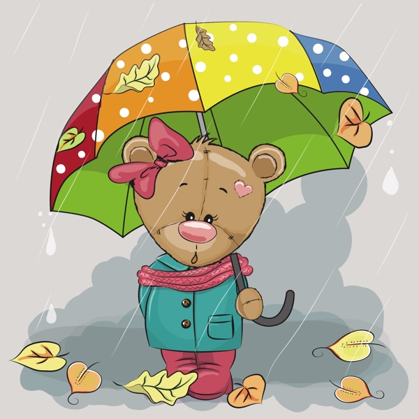 雨中打伞的小熊插画