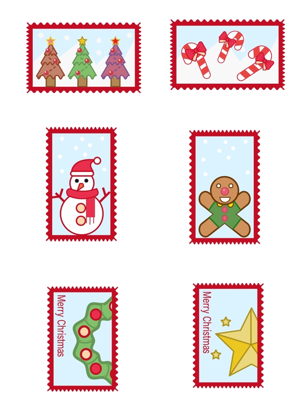 圣诞邮票邮戳小贴纸可爱卡通雪人矢量可商用