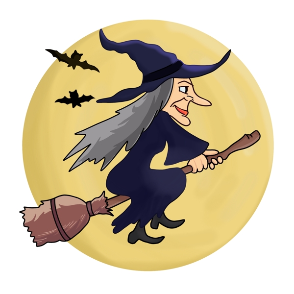 卡通万圣节骑在扫把扫帚上的女巫月亮蝙蝠