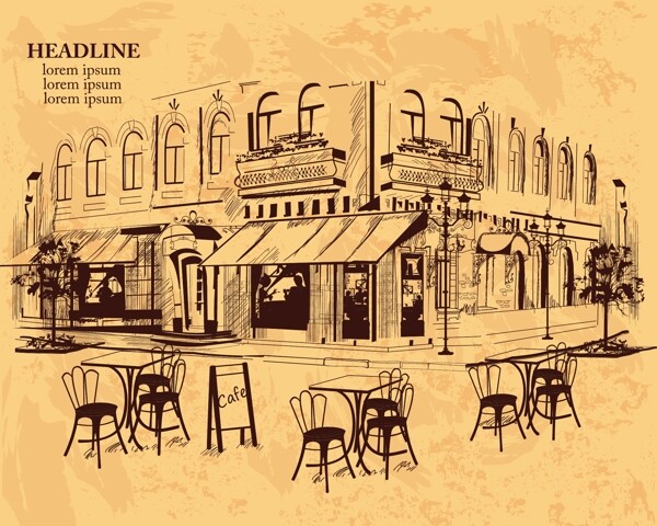 手绘复古街头咖啡厅插画