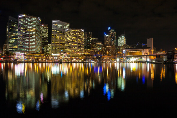 河边倒映的城市夜景图片