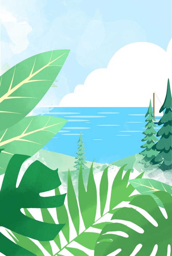 简单沙滩绿树主题背景