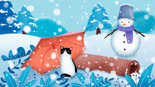 冬天你好雪天小猫与雪人插画