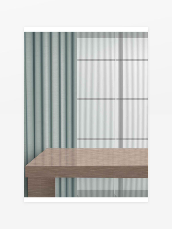 清新自然的蓝白窗帘与木质展示台背景