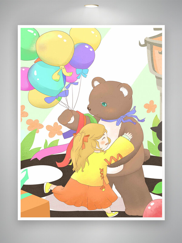 童年的温馨小女孩与大熊的幸福时光插画