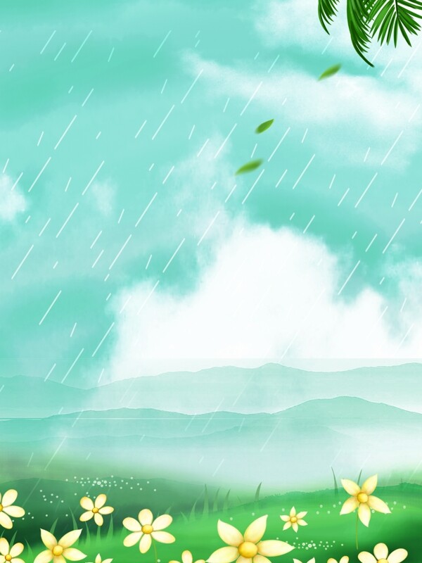 彩绘雨水节气花丛背景设计