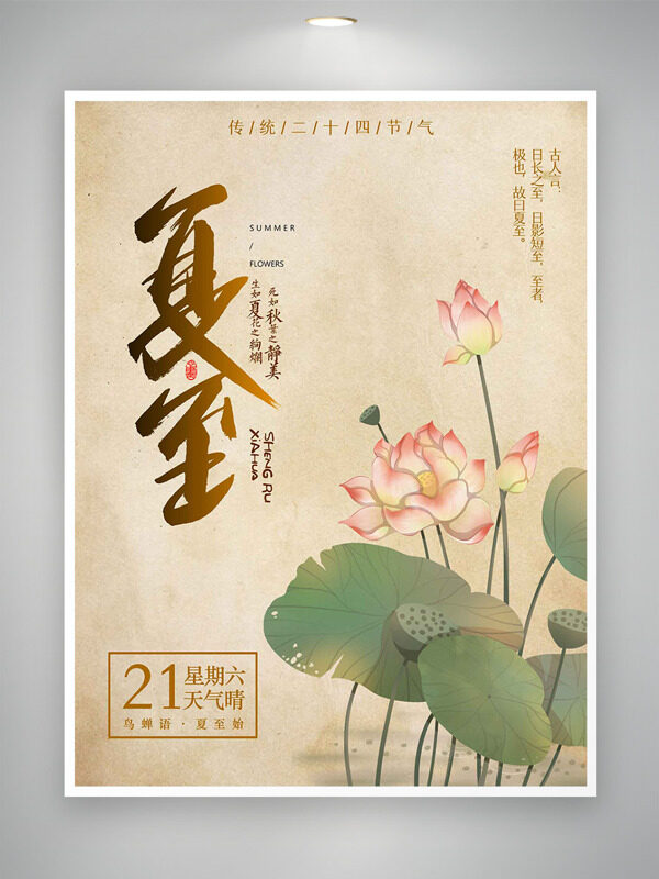 传统二十四节气国风荷花夏至节气插画