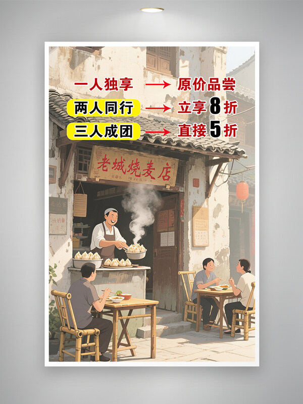 扁平人物插画传统小吃古风街景老城烧麦店促销海报