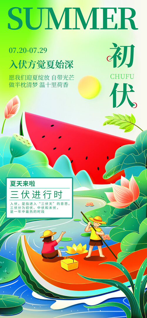创意扁平人物插画夏季三伏天初伏海报
