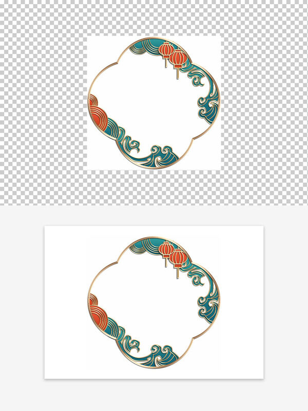 对称花瓣金色描边红灯笼海浪图案边框