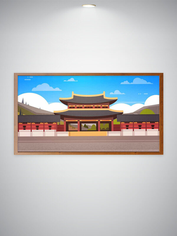 蓝天白云下简约古朴的中式传统建筑