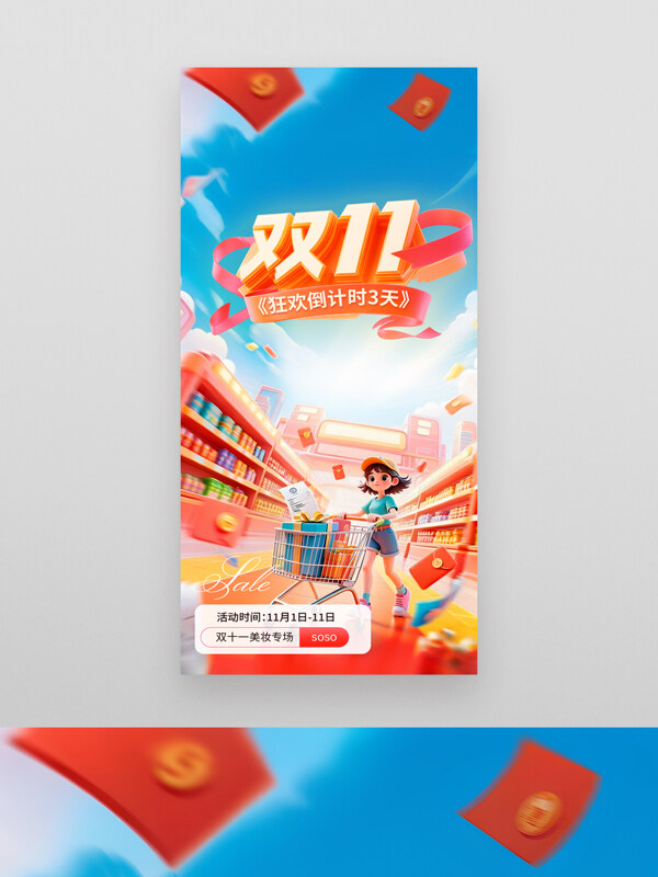 蓝色背景卡通超市场景双十一节日促销海报