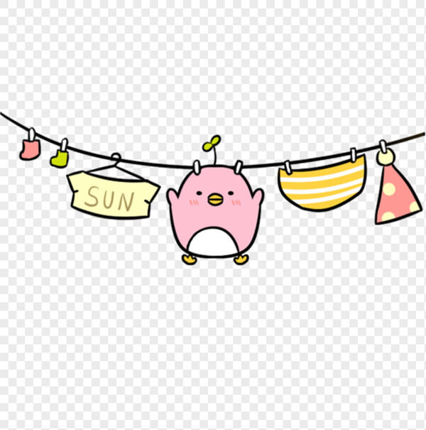 卡通手绘小粉鸡和衣服帽子夹在晾衣绳上