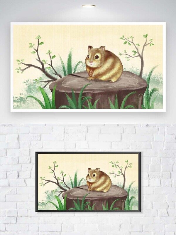 卡通小仓鼠在草地中树桩上啃小玉米