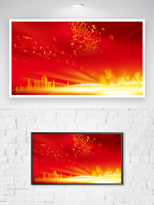 红色背景城市建筑剪影光效大气党建展板背景