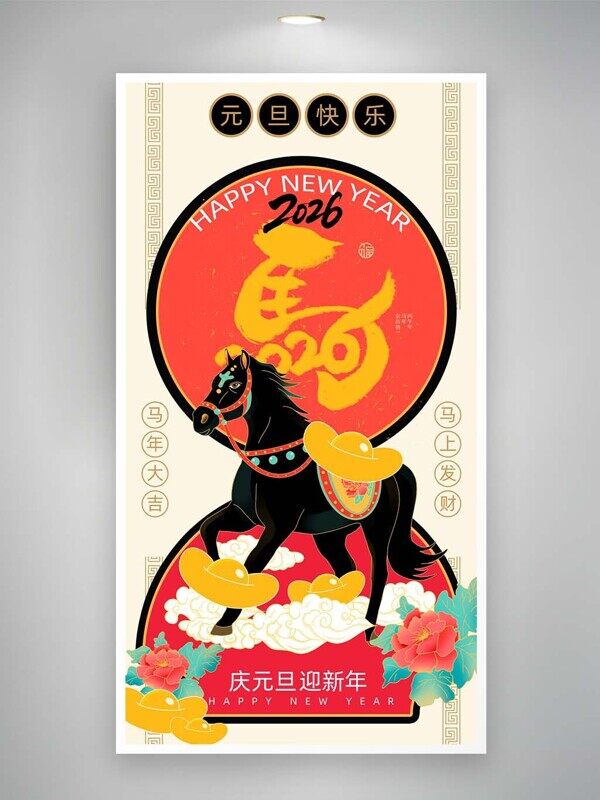 黑马背金马年吉祥元旦快乐马上发财卡通海报