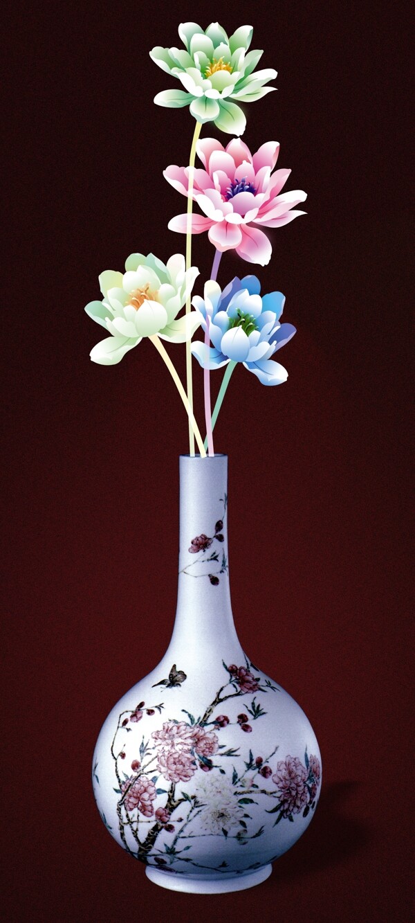 古典花瓶荷花无框画设计