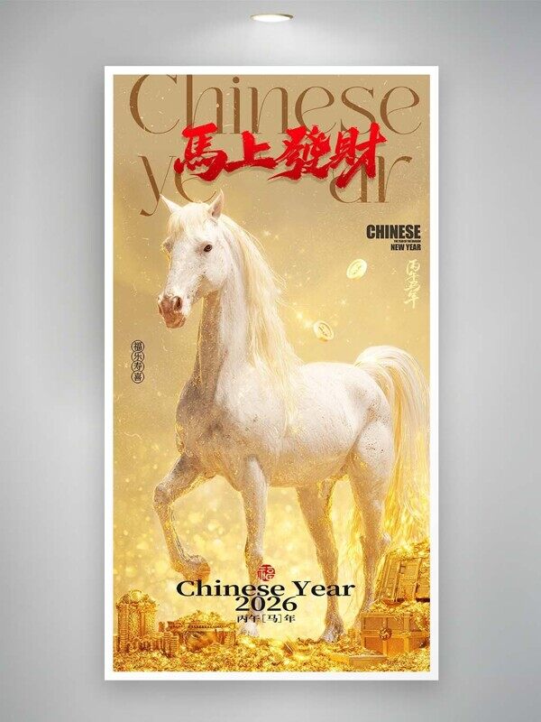 马上发财白马送金财富自由新年大吉黄色海报
