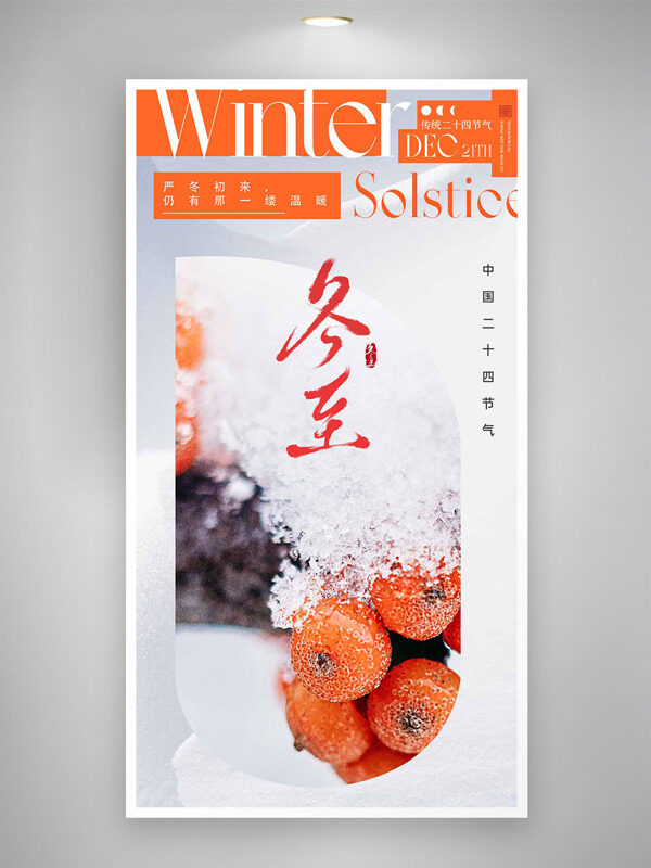 传统冬至节气霜花枇杷插画创意海报