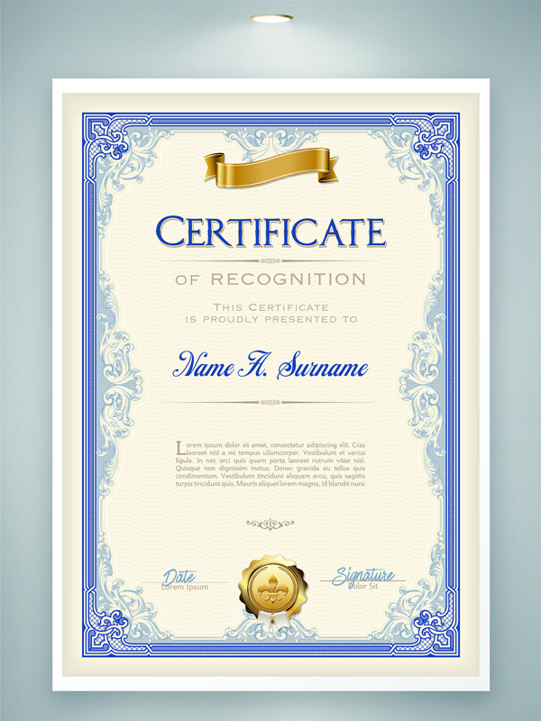 蓝金配色简约大气荣誉证书模板