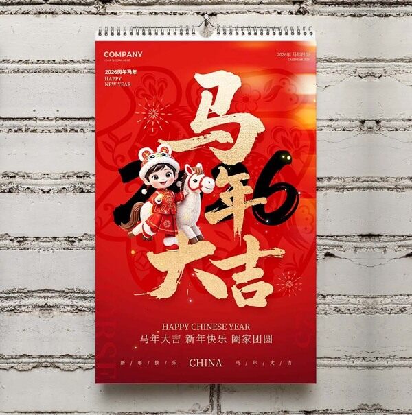 马年大吉2026红色整年竖版喜庆台历