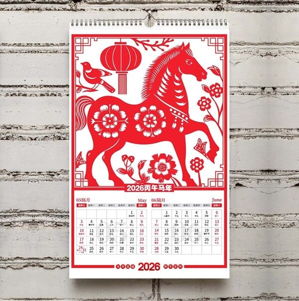 红色窗花白马喜鹊灯笼背景2026五月六月国风台历