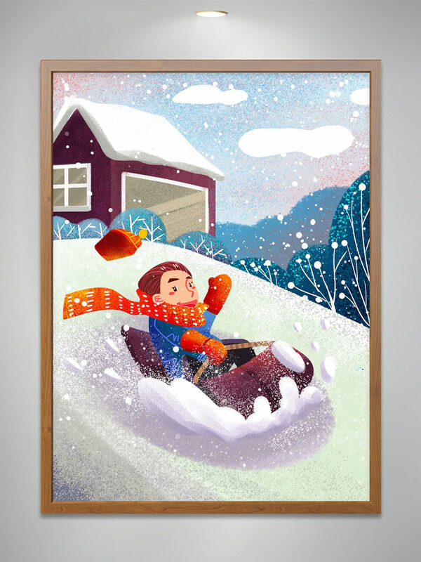 唯美浪漫冬季卡通男生户外滑雪橇插画