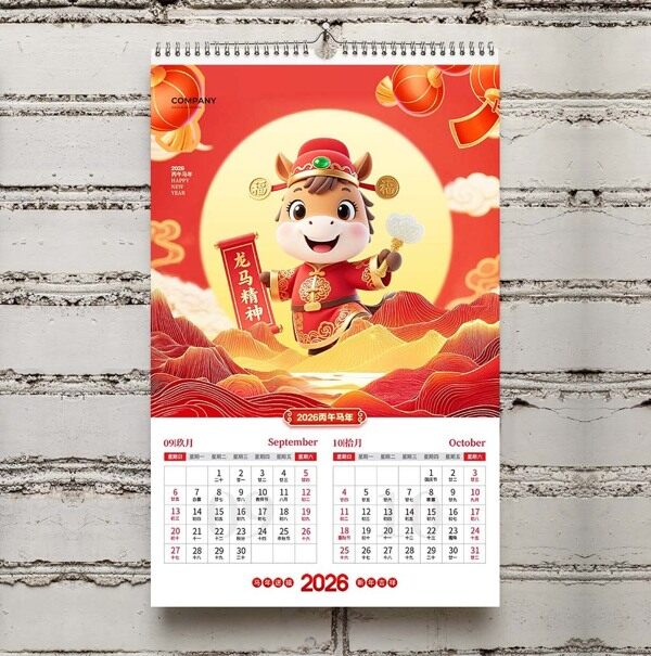 龙马精神新年财神喜庆台历九月十月2026挂历