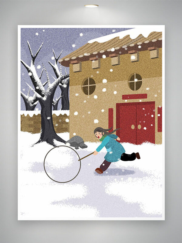 大雪纷飞卡通人物户外滚铁环插画