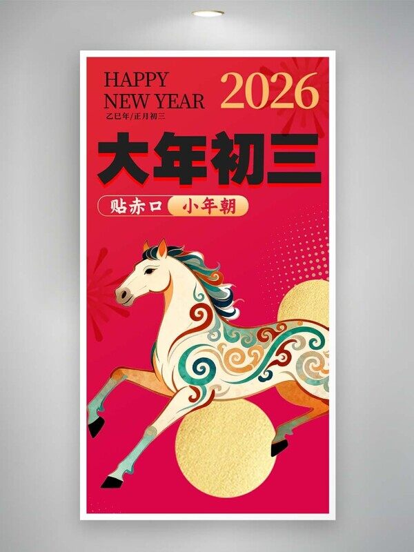 大年初三贴赤口小年朝2026马年新春快乐民俗海报
