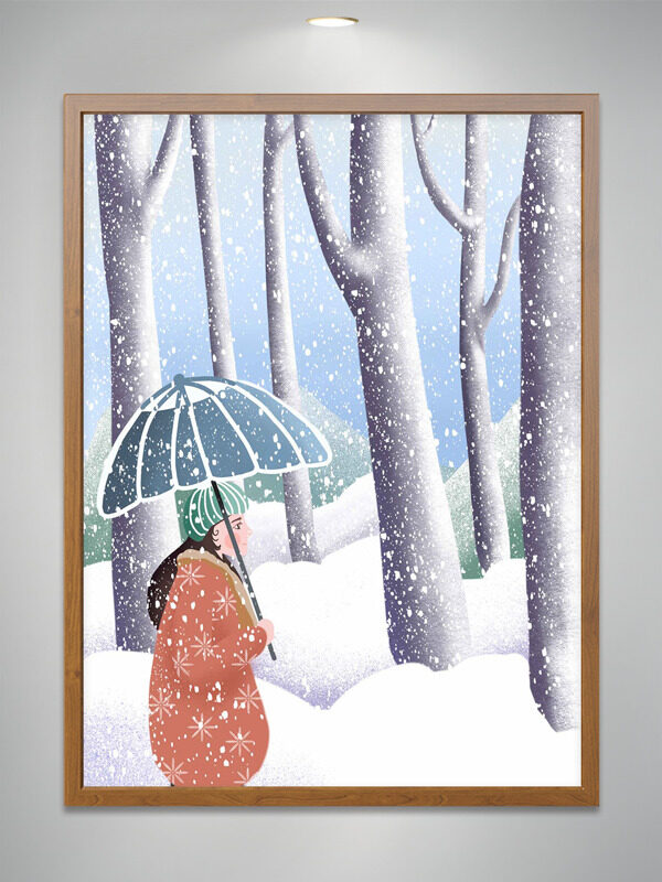 冬季雪花飘飘卡通女生雪地撑伞插画