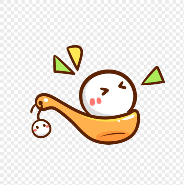 卡通手绘棕色木头勺子托着白团子汤圆免抠图