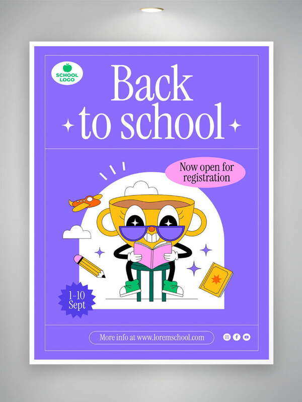 开学季卡通奖杯紫色背景创意海报