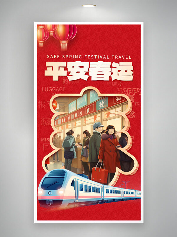 平安春运红色喜庆主题创意列车插画海报