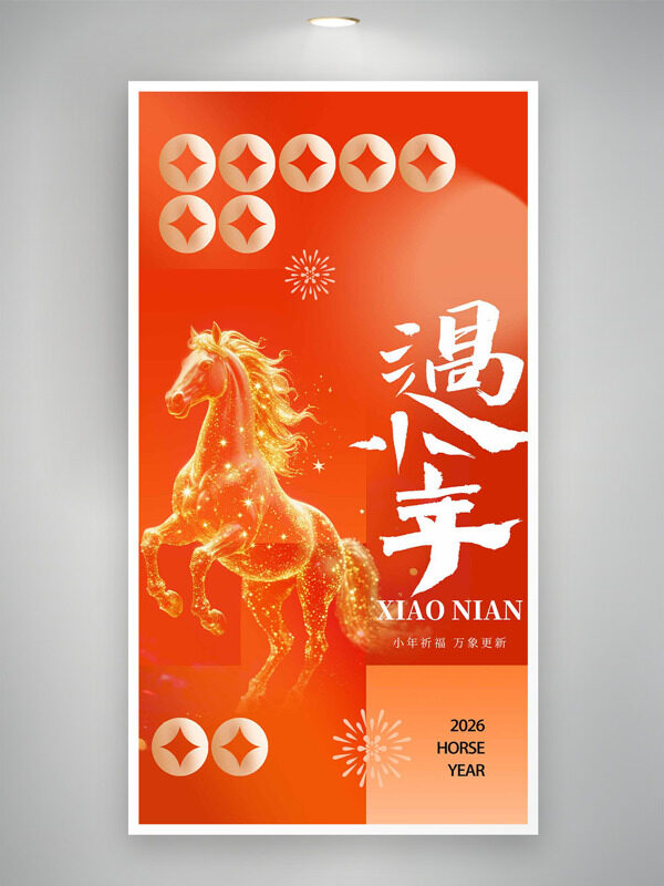 金色骏马红色渐变背景过小年主题海报