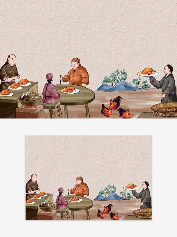 古风黄土地木桌古代店小二顾客吃烧鸡美食人物插画