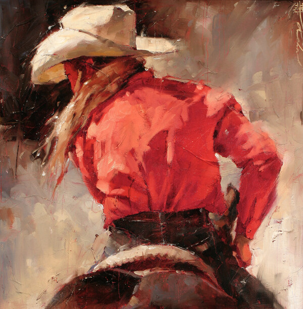 骑马的西部牛仔油画图片