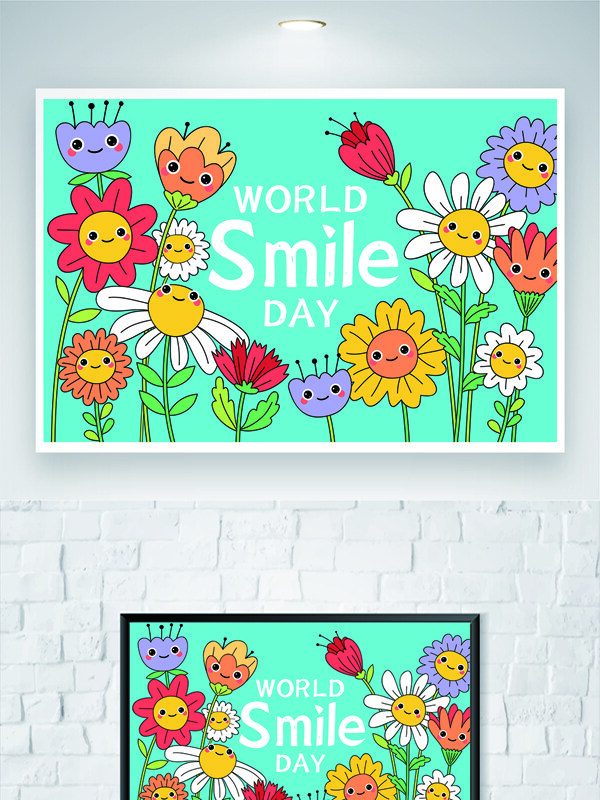 清新卡通花卉图案世界微笑日节日海报