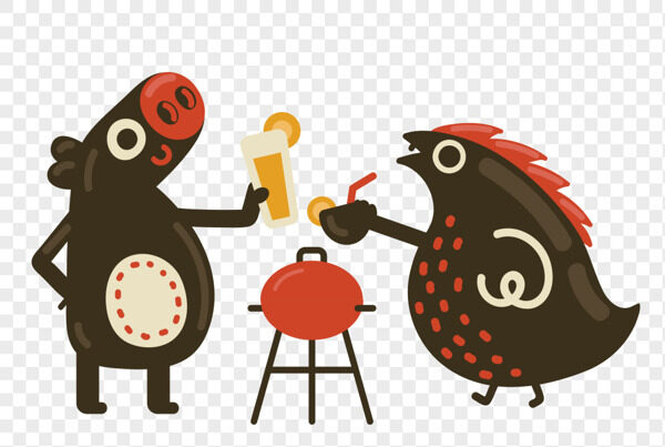 手绘黑色野猪刺猬喝饮料喝奶茶卡通插画