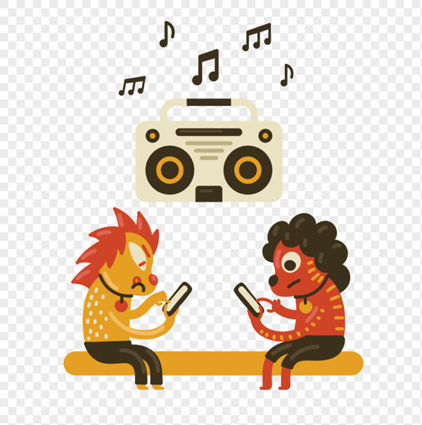 手绘两头卡通小狮子听着音乐刷手机动漫插画