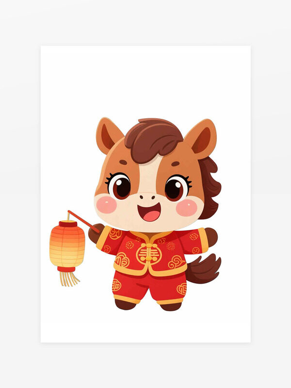 简约卡通扁平手绘小马提灯笼插画