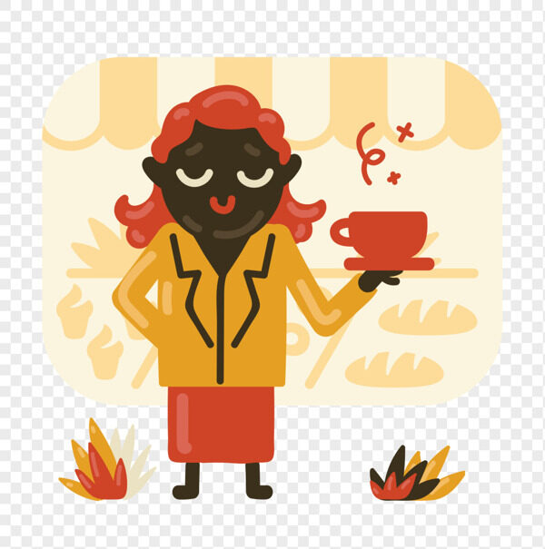 手绘面包店黑人红发女服务员端咖啡抽象场景插画