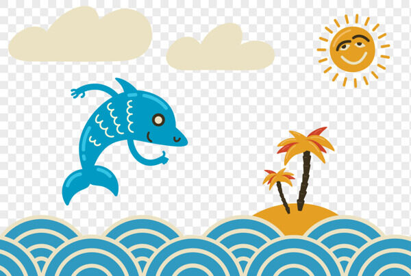 手绘抽象蓝色海豚在海里穿梭动漫卡通插画