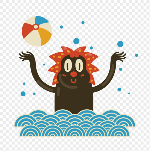 手绘卡通小狮子在水里玩球儿童节抽象插画