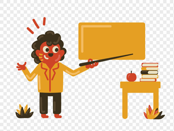 手绘红色狮子老师拿着教棒教课桌子书籍插画