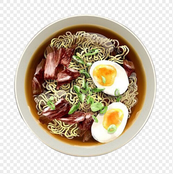 日式鸡蛋红烧牛肉方便拉面俯视免抠图
