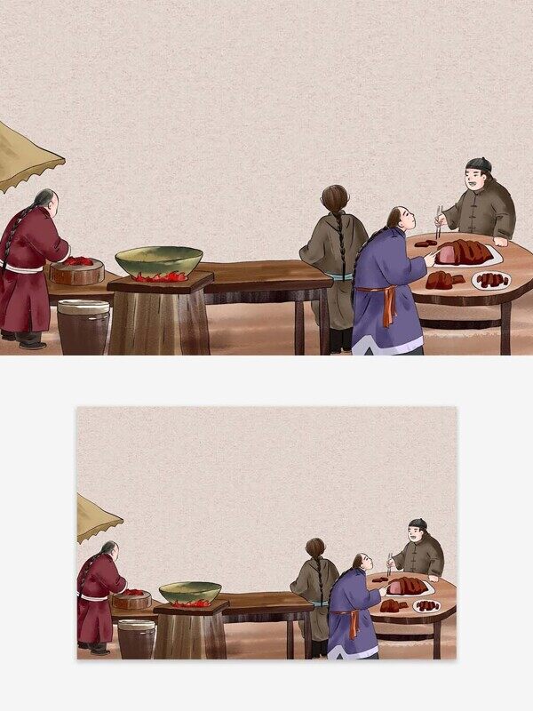手绘木桌伞下摆摊古代兄弟小局喝酒吃肉美食插画